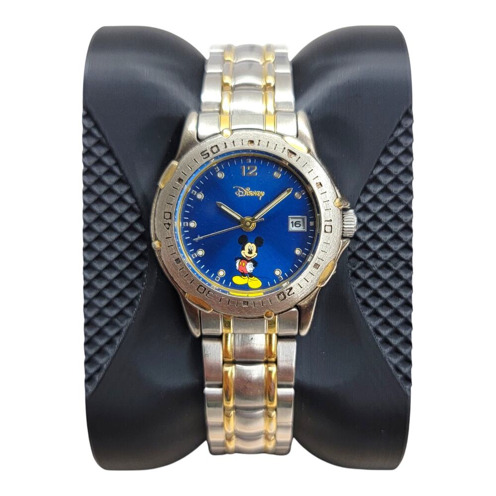 Disney Mickey Mouse Watch Blue Dial Two Tone Date Stainless Steel Working